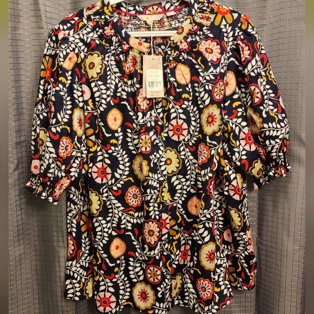 Boden, NWT, Floral Blouse - Navy and Multicolor, 100% Linen